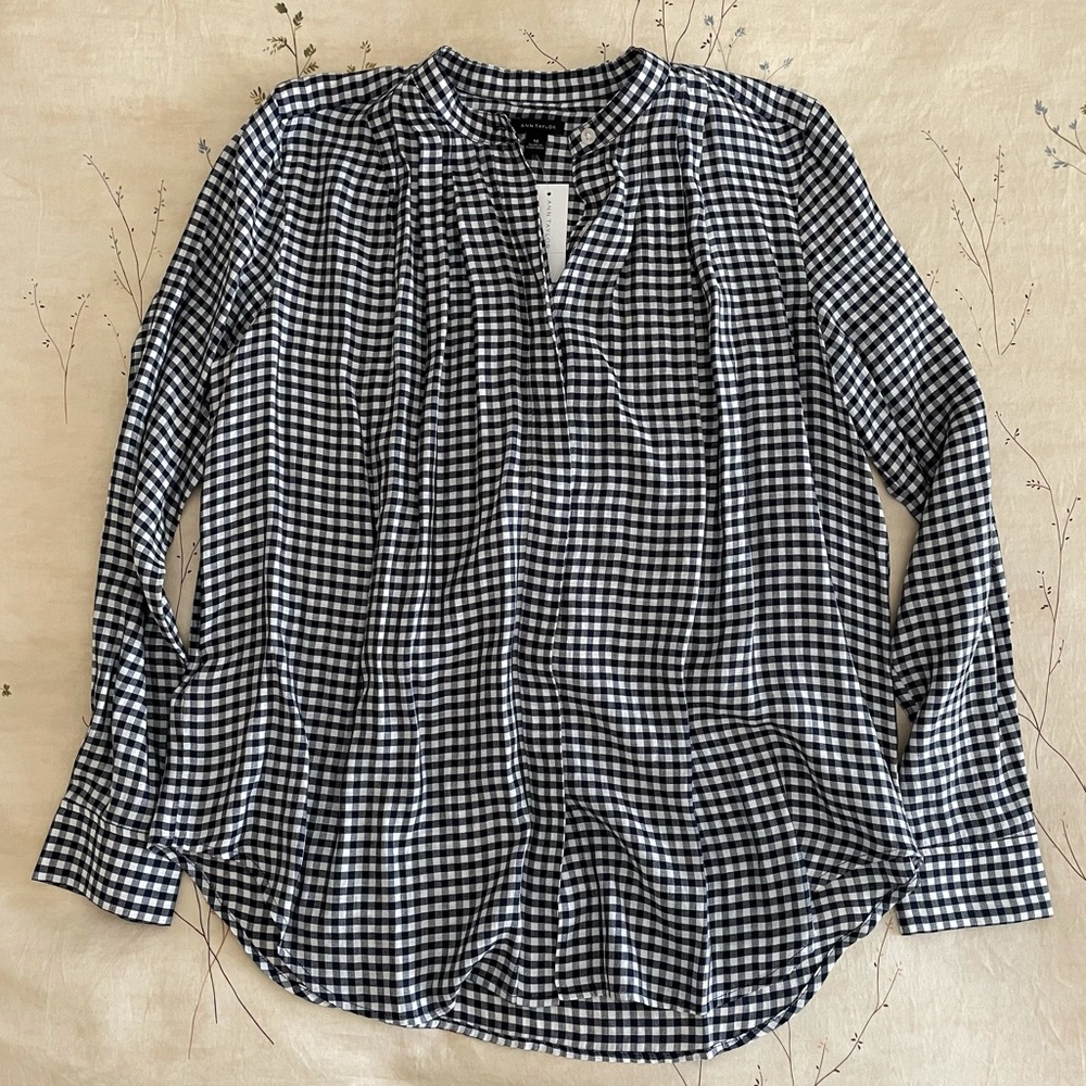 Ann Taylor Navy/White Check Button Down Blouse NWT